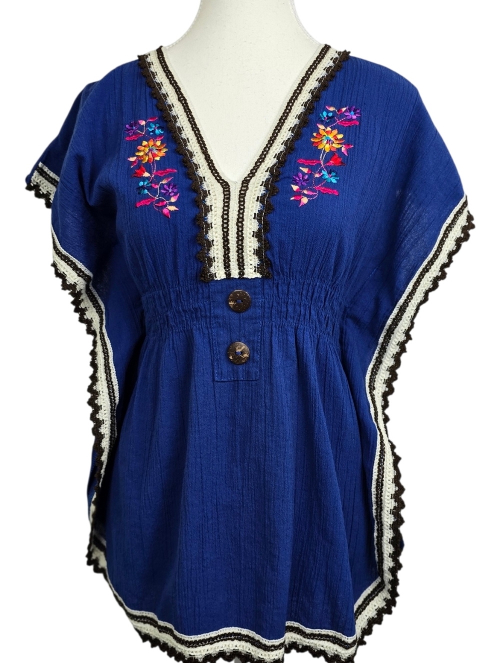 Jojo’s Emporium Blue Embroidered Cotton Kaftan Tunic Top | Crochet Trim V-Neck